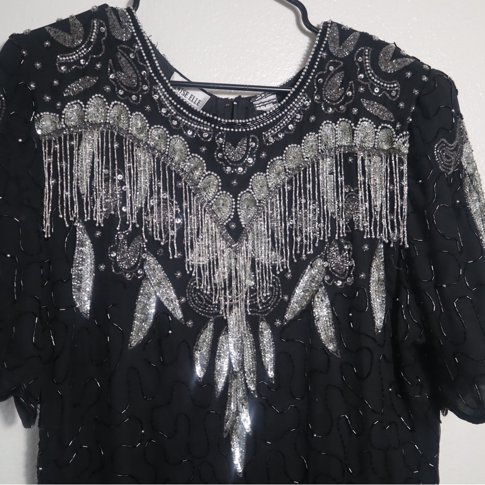 Vintage Denise Elle 100% silk beaded sequin dress, short sleeves shoulder pads